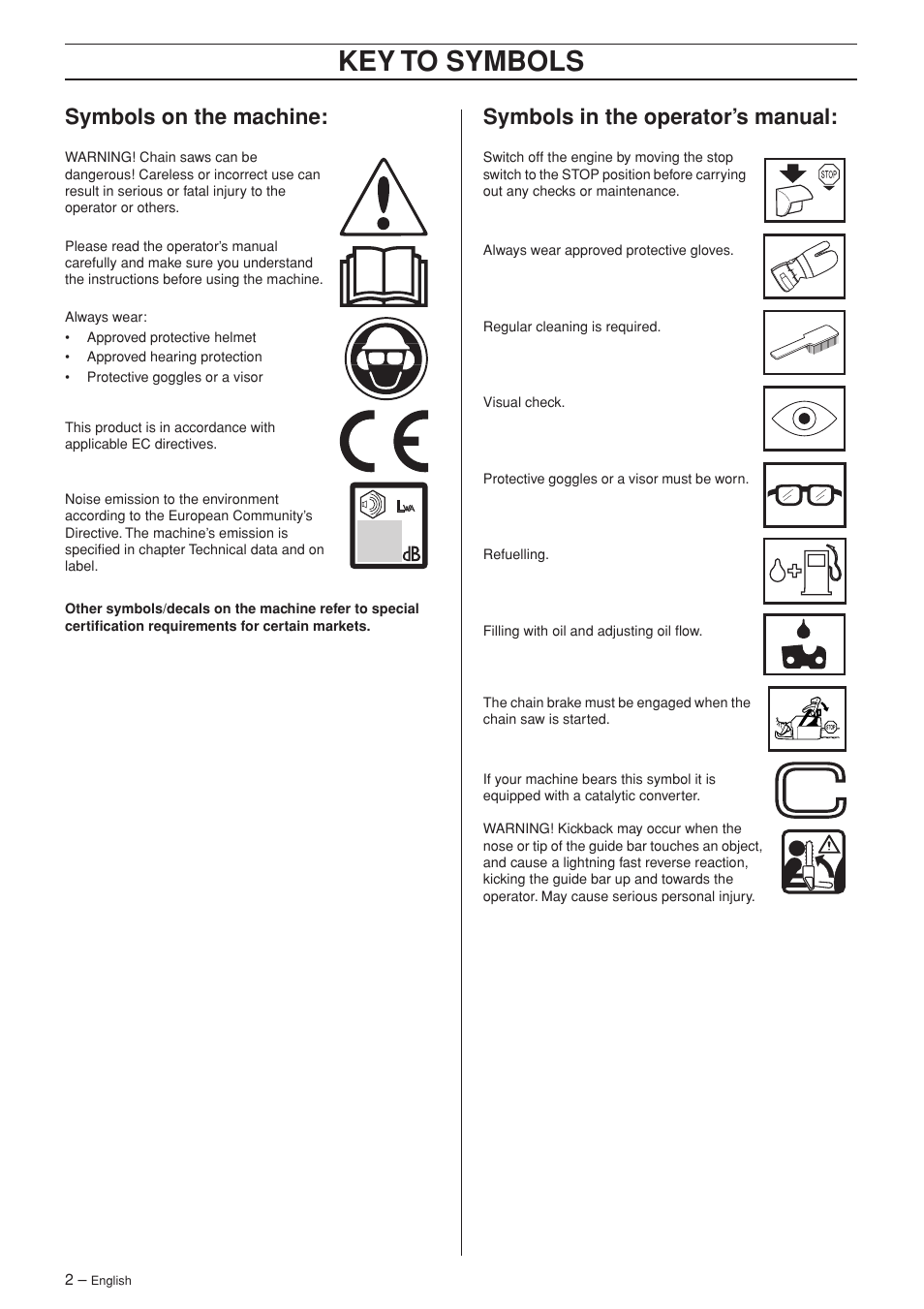 Symbols on the machine, Symbols in the operator’s manual, Key t o symbols | Symbols on the mac hine, Symbols in the operator’ s manual | Jonsered CS 2152 User Manual | Page 2 / 40