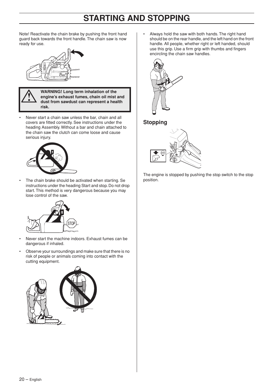 Stopping, Starting and stopping | Jonsered CS 2152 User Manual | Page 20 / 40