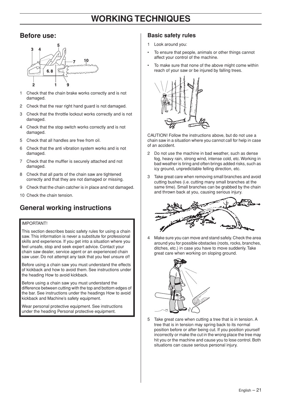 Before use, General working instructions, Basic safety rules | Working techniques | Jonsered CS 2152 User Manual | Page 21 / 40