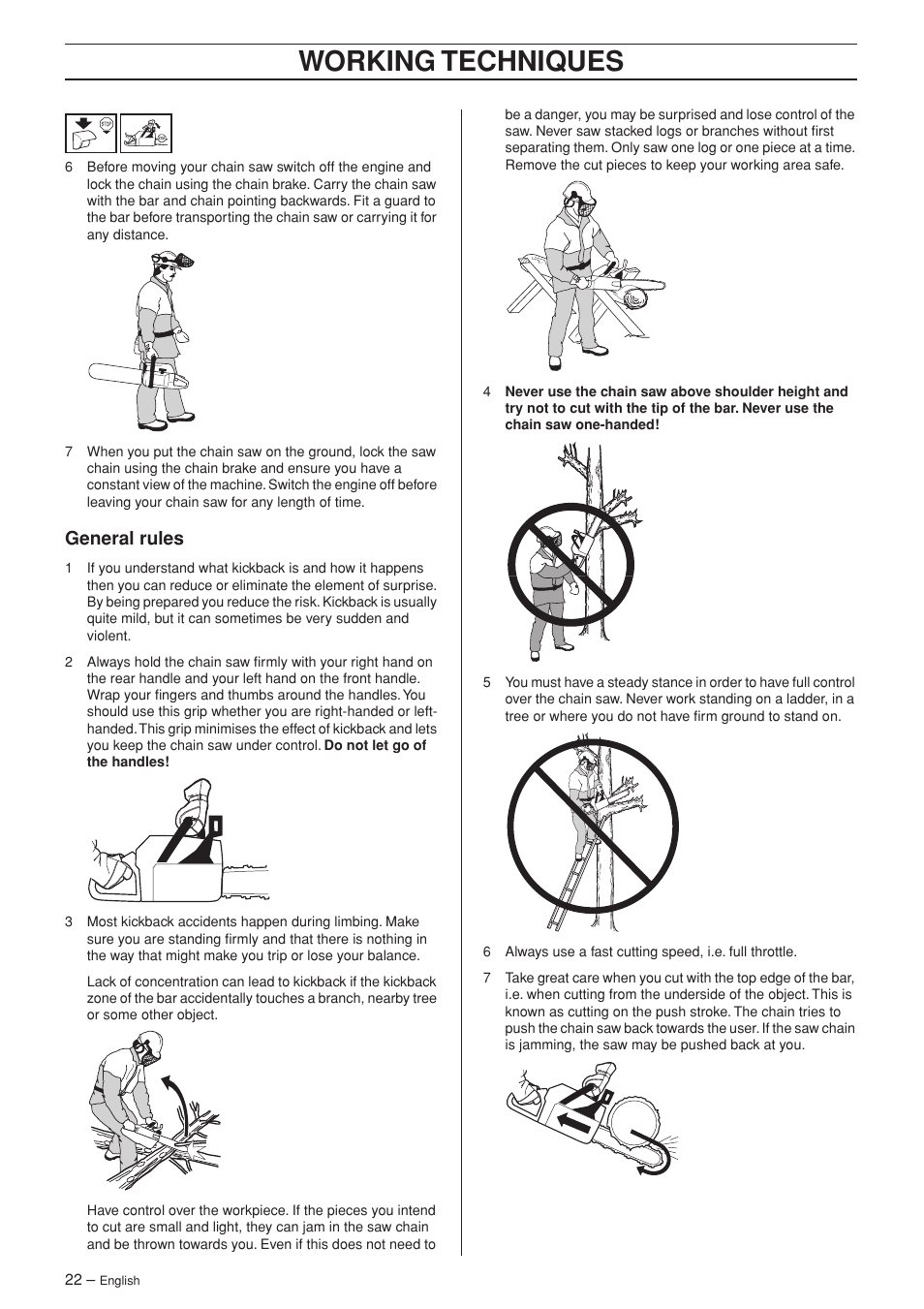 General rules, Working techniques | Jonsered CS 2152 User Manual | Page 22 / 40