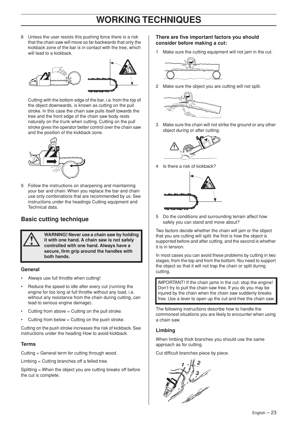 Basic cutting technique, Working techniques | Jonsered CS 2152 User Manual | Page 23 / 40