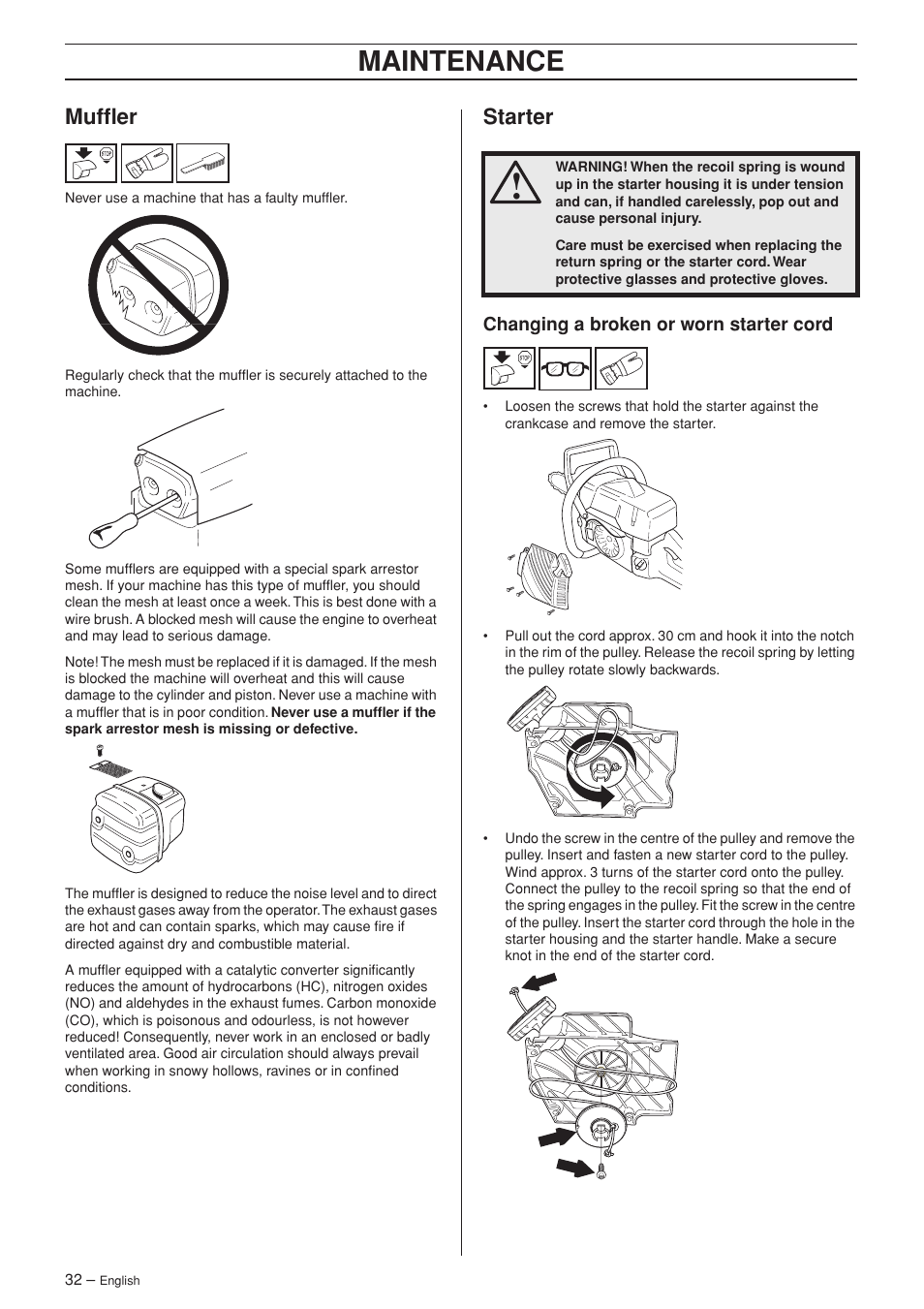 Muffler, Starter, Changing a broken or worn starter cord | Maintenance | Jonsered CS 2152 User Manual | Page 32 / 40