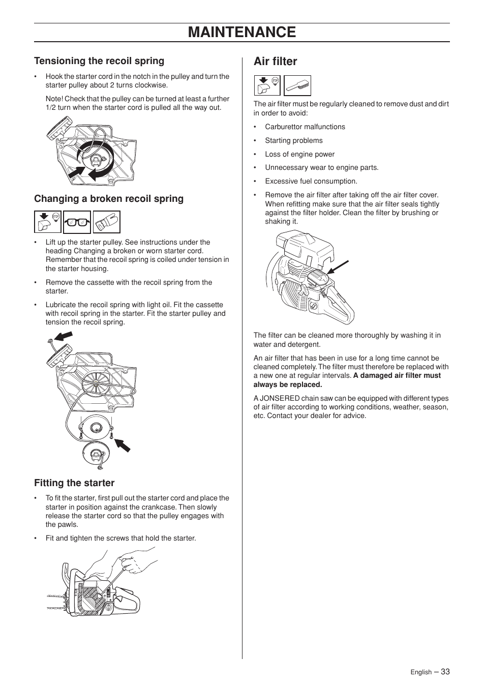 Tensioning the recoil spring, Changing a broken recoil spring, Fitting the starter | Air filter, Maintenance | Jonsered CS 2152 User Manual | Page 33 / 40