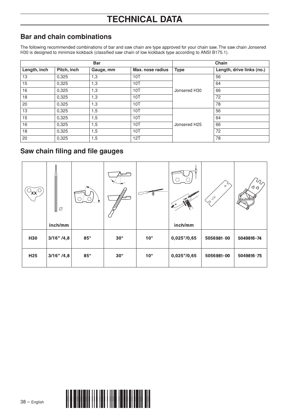 Bar and chain combinations, Saw chain filing and file gauges, Z+ri|¶6z | Technical data | Jonsered CS 2152 User Manual | Page 38 / 40
