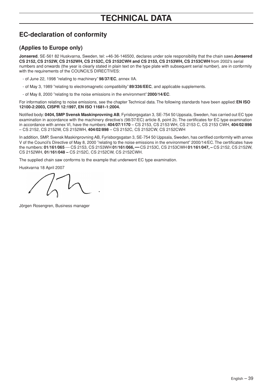 Ec-declaration of conformity, Applies to europe only), Technical data | Jonsered CS 2152 User Manual | Page 39 / 40