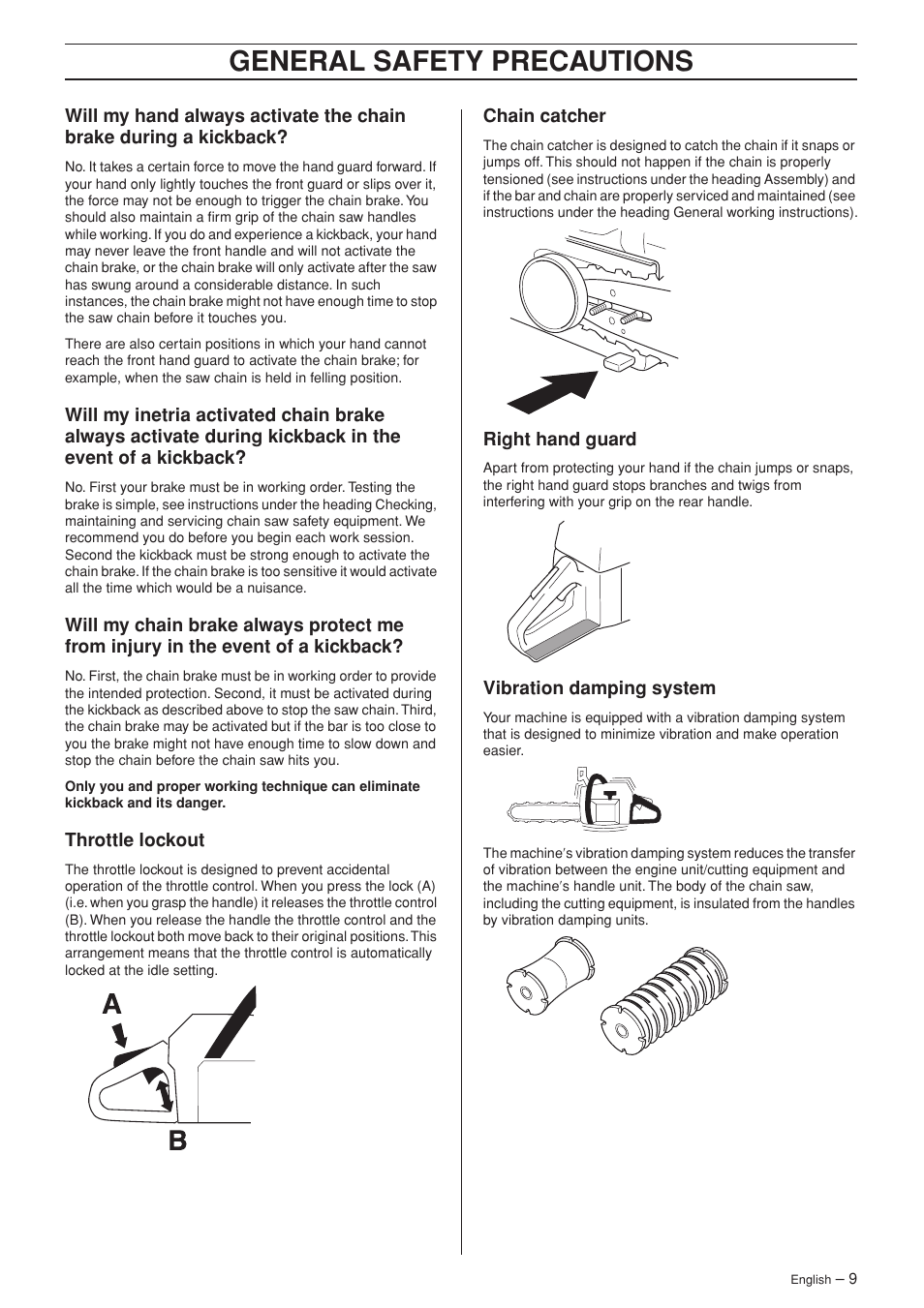 Throttle lockout, Chain catcher, Right hand guard | Vibration damping system, General safety preca utions | Jonsered CS 2152 User Manual | Page 9 / 40