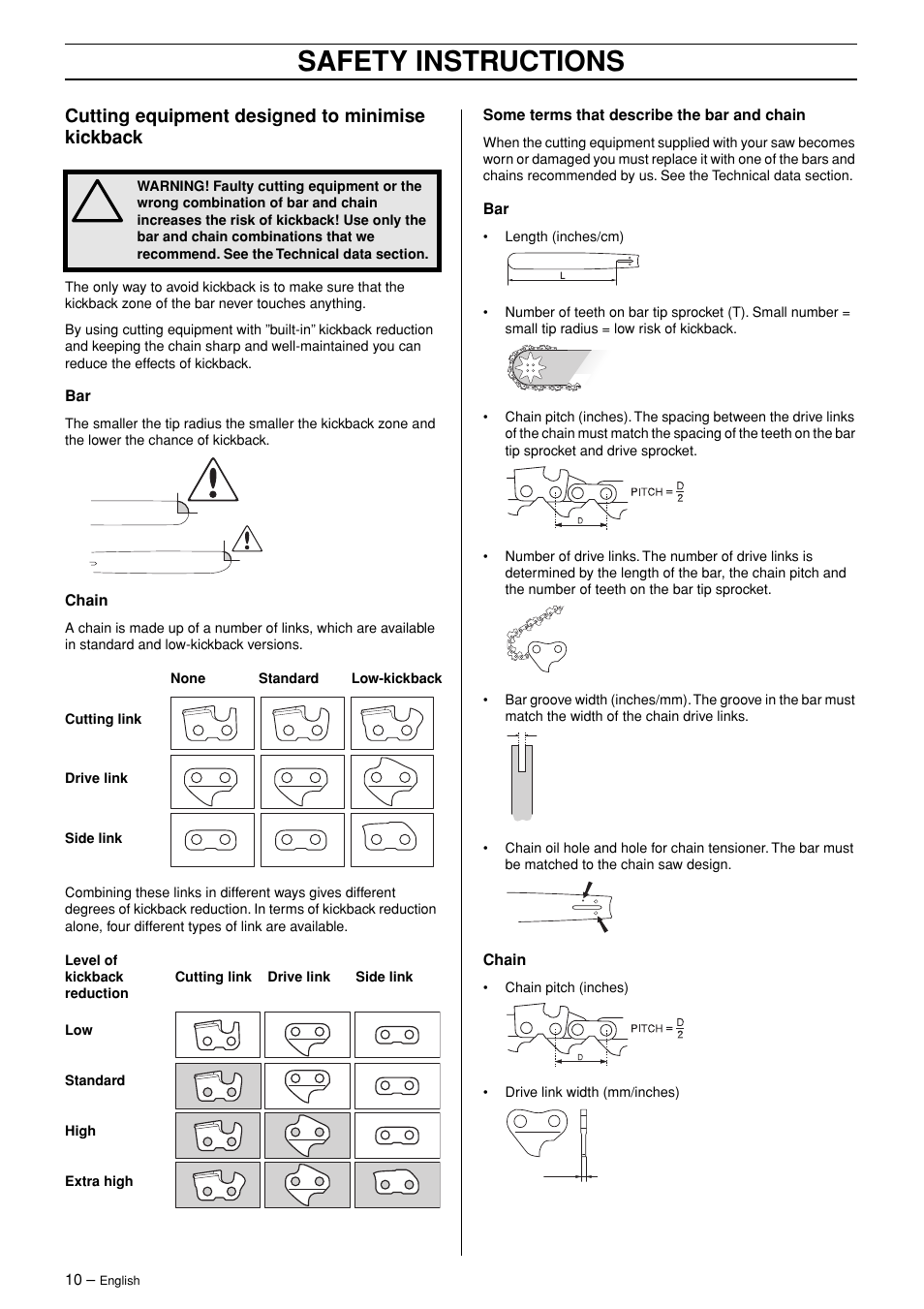 Cutting equipment designed to minimise kickback, Safety instructions | Jonsered CS 2147 User Manual | Page 10 / 40