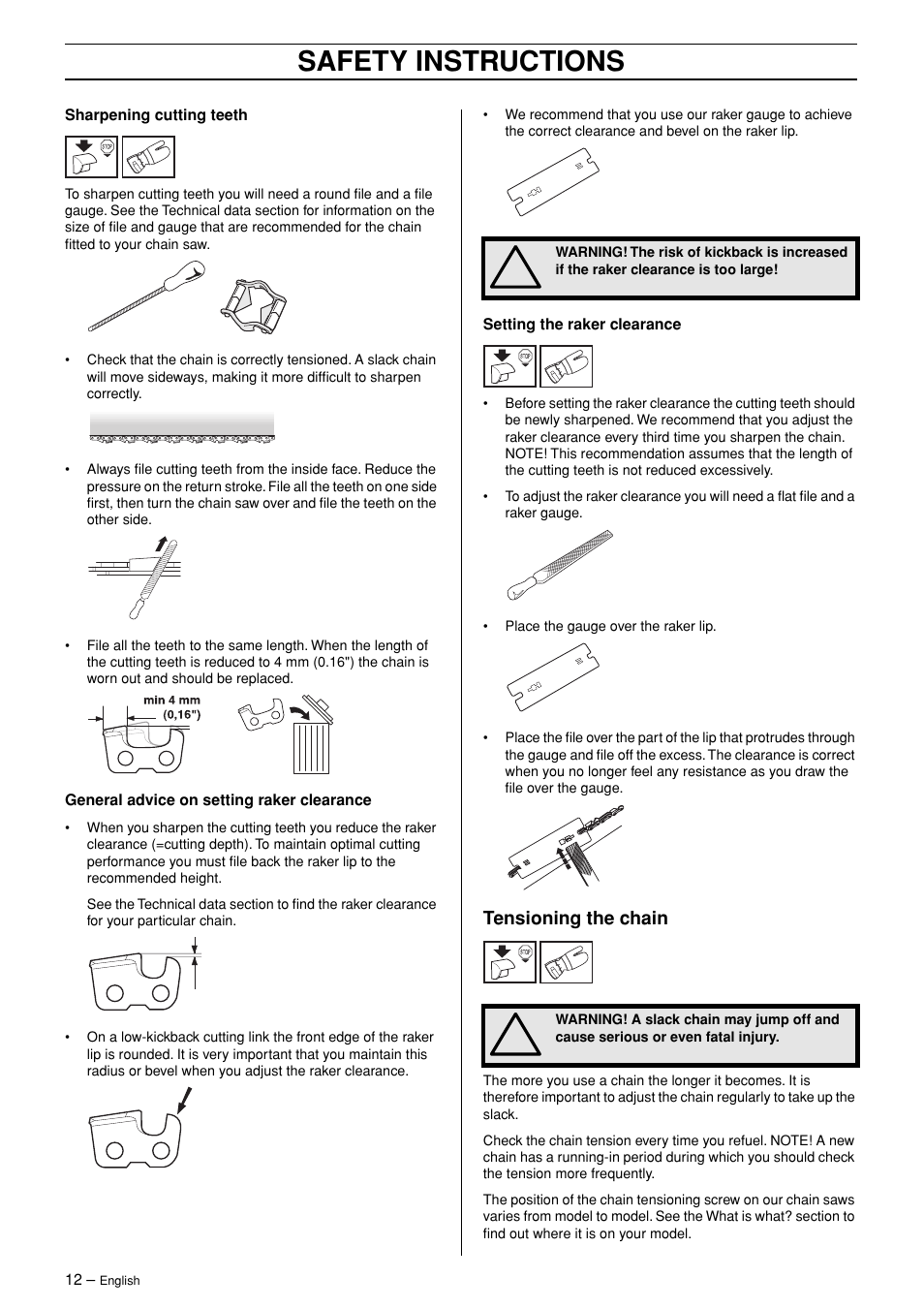 Tensioning the chain, Safety instructions | Jonsered CS 2147 User Manual | Page 12 / 40