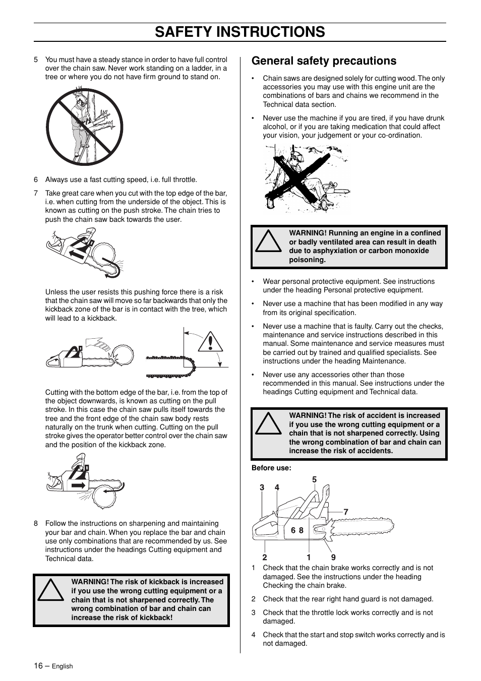 General safety precautions, Safety instructions | Jonsered CS 2147 User Manual | Page 16 / 40