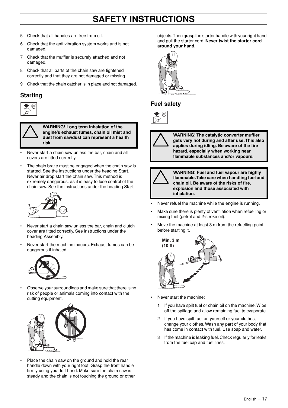 Starting, Fuel safety, Safety instructions | Jonsered CS 2147 User Manual | Page 17 / 40