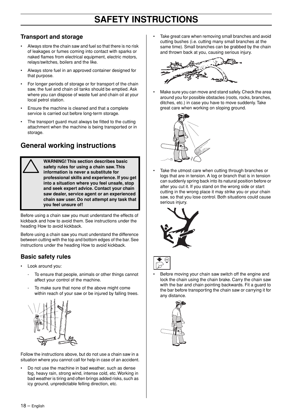 Transport and storage, General working instructions, Basic safety rules | Safety instructions | Jonsered CS 2147 User Manual | Page 18 / 40