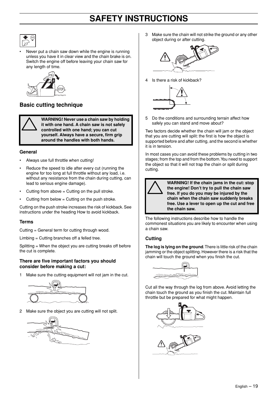 Basic cutting technique, Safety instructions | Jonsered CS 2147 User Manual | Page 19 / 40