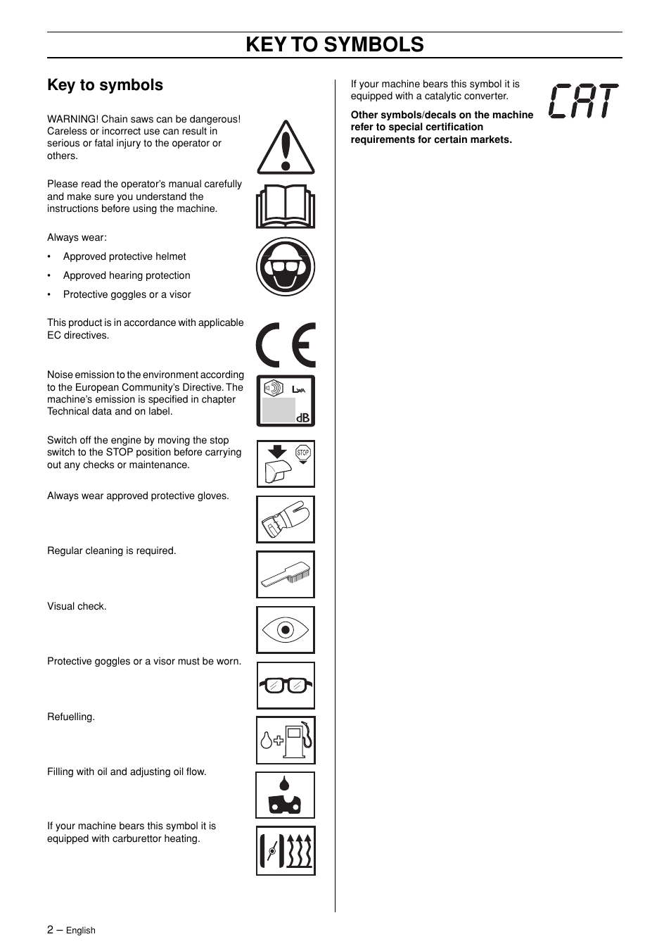 Key to symbols | Jonsered CS 2147 User Manual | Page 2 / 40