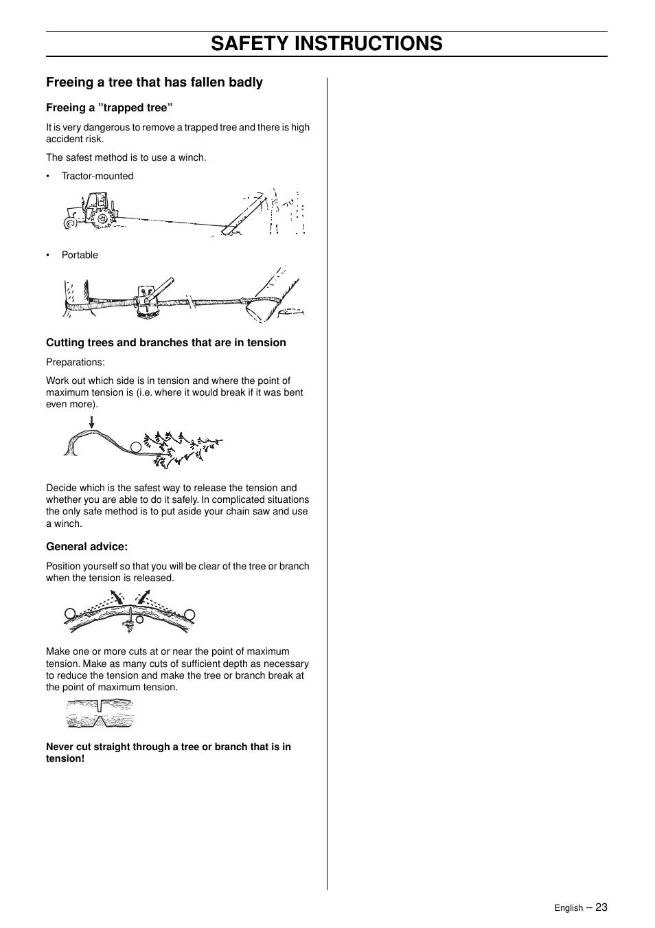 Freeing a tree that has fallen badly, Safety instructions | Jonsered CS 2147 User Manual | Page 23 / 40