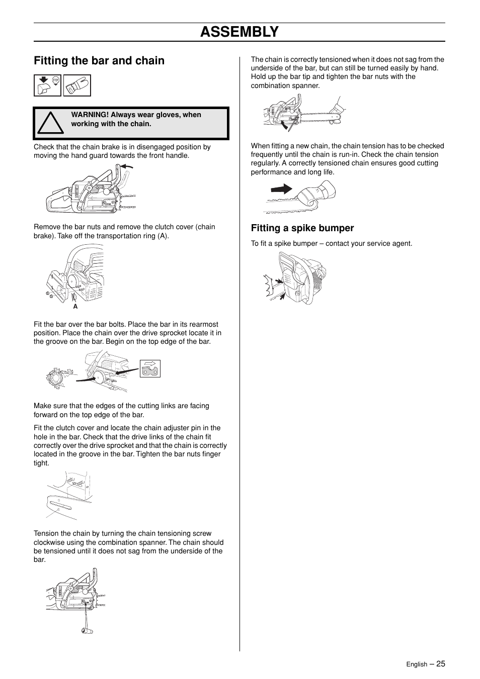 Fitting the bar and chain, Fitting a spike bumper, Assembly | Jonsered CS 2147 User Manual | Page 25 / 40