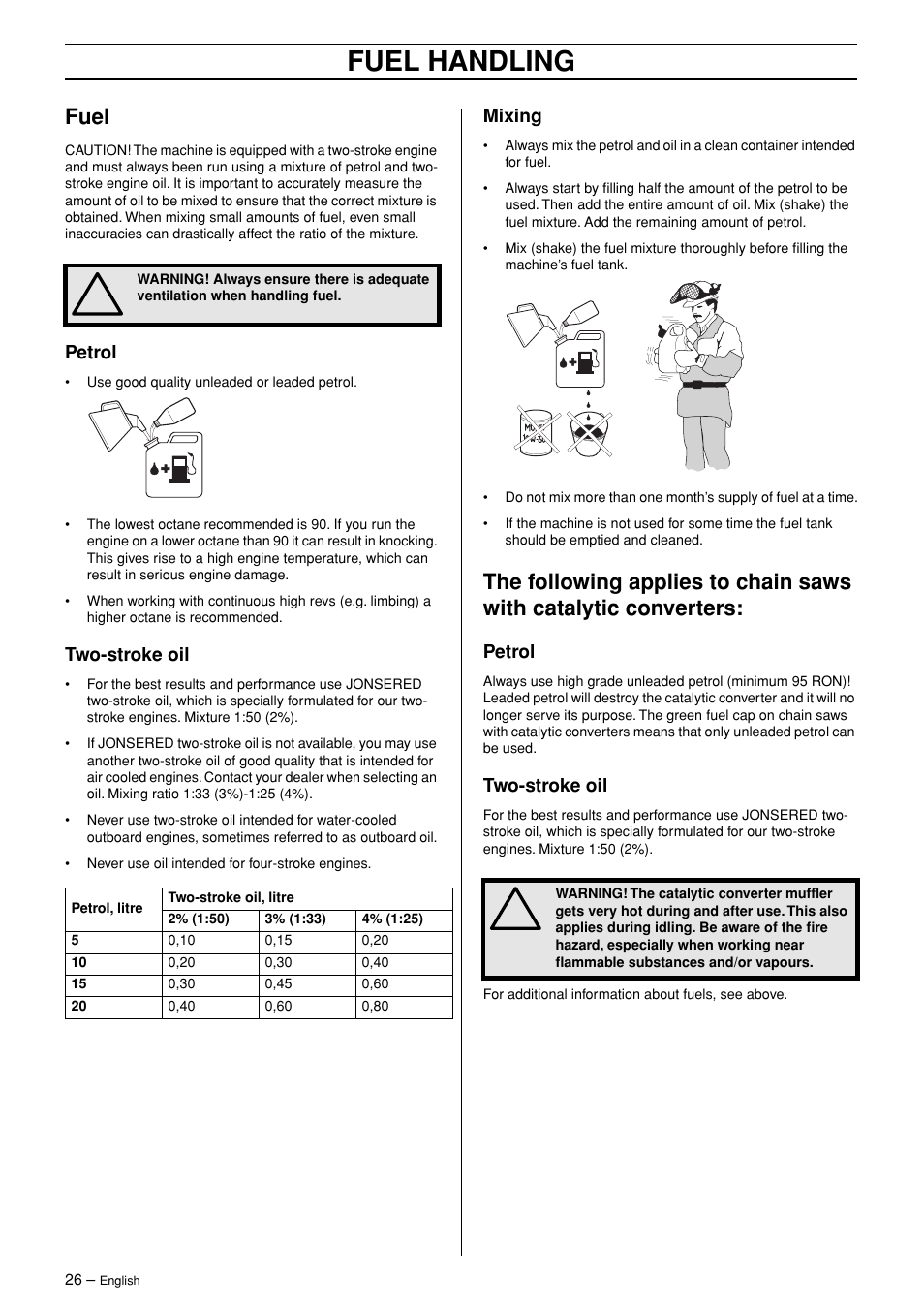 Fuel, Petrol, Two-stroke oil | Mixing, Fuel handling | Jonsered CS 2147 User Manual | Page 26 / 40