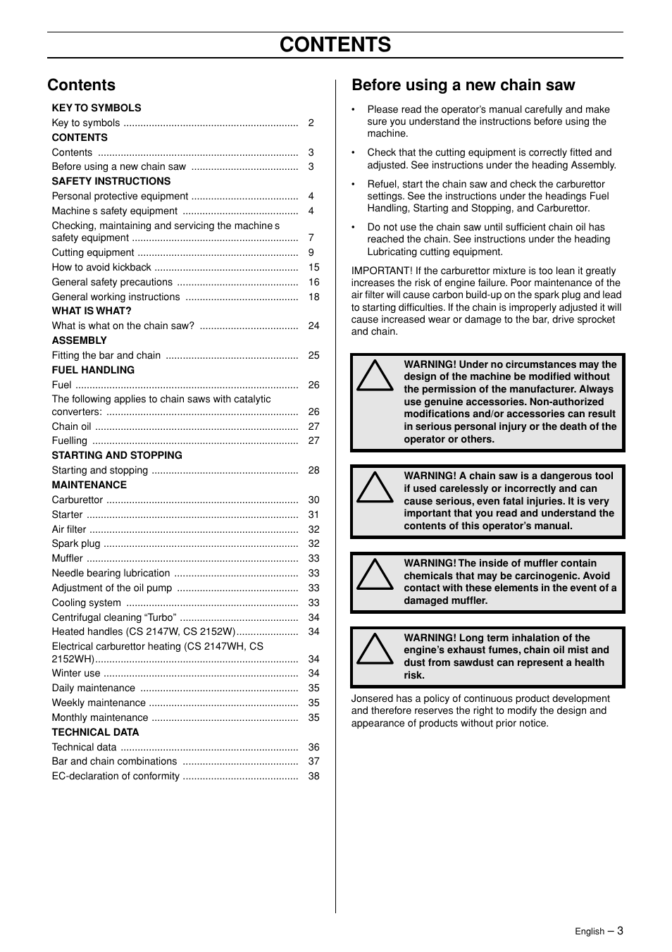 Jonsered CS 2147 User Manual | Page 3 / 40
