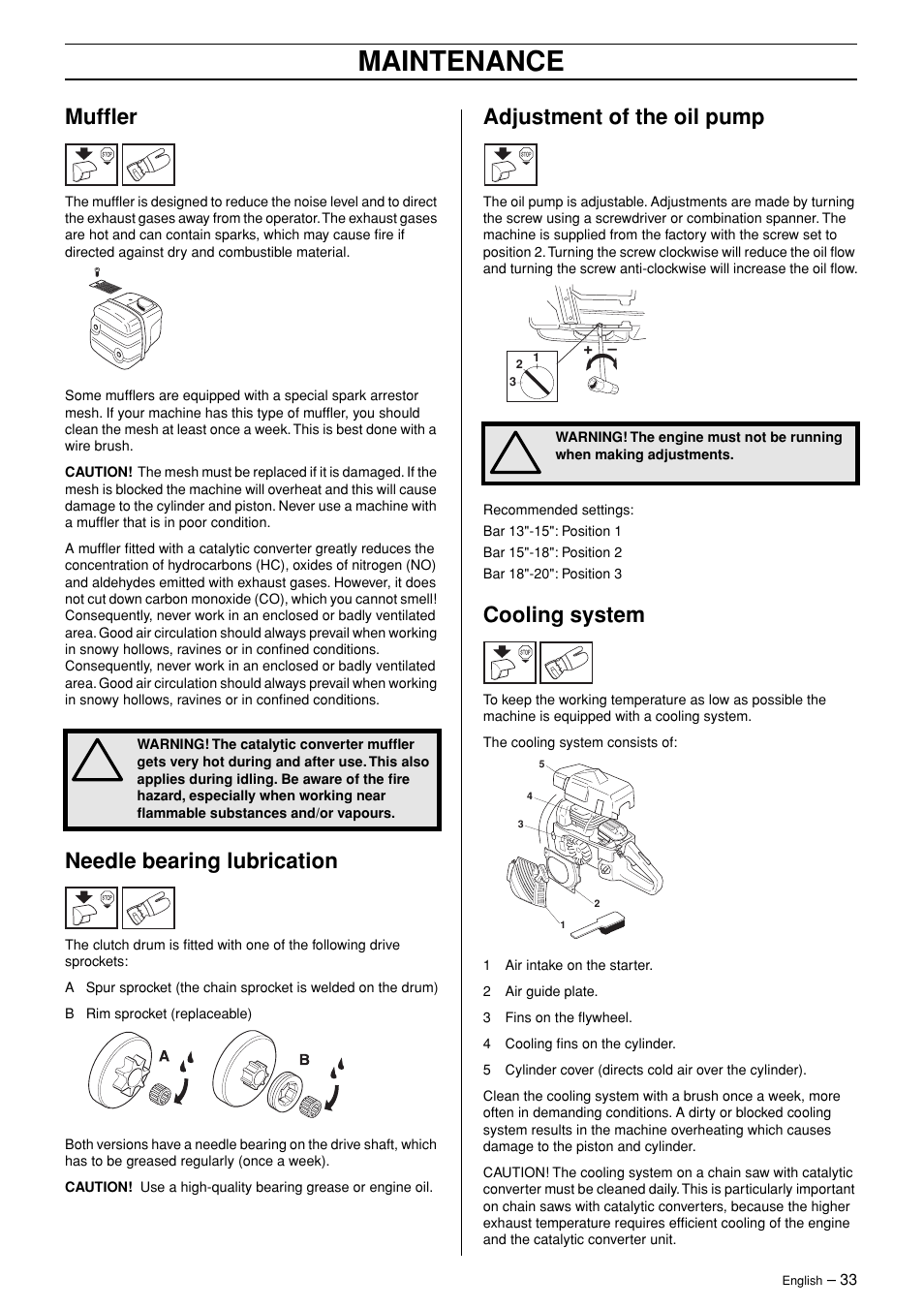 Muffler, Needle bearing lubrication, Adjustment of the oil pump | Cooling system, Maintenance | Jonsered CS 2147 User Manual | Page 33 / 40