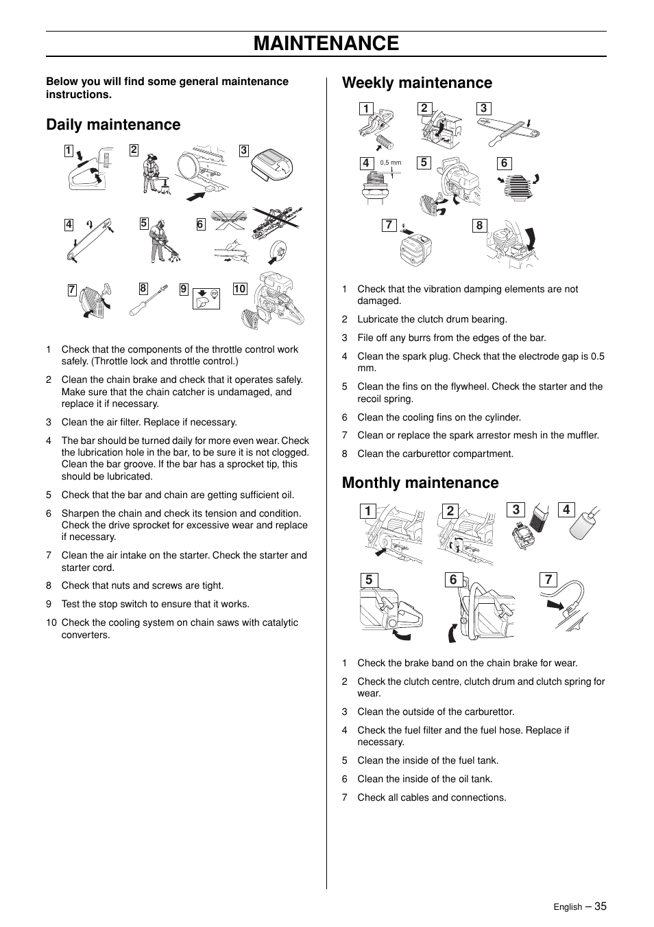 Daily maintenance, Weekly maintenance, Monthly maintenance | Maintenance | Jonsered CS 2147 User Manual | Page 35 / 40