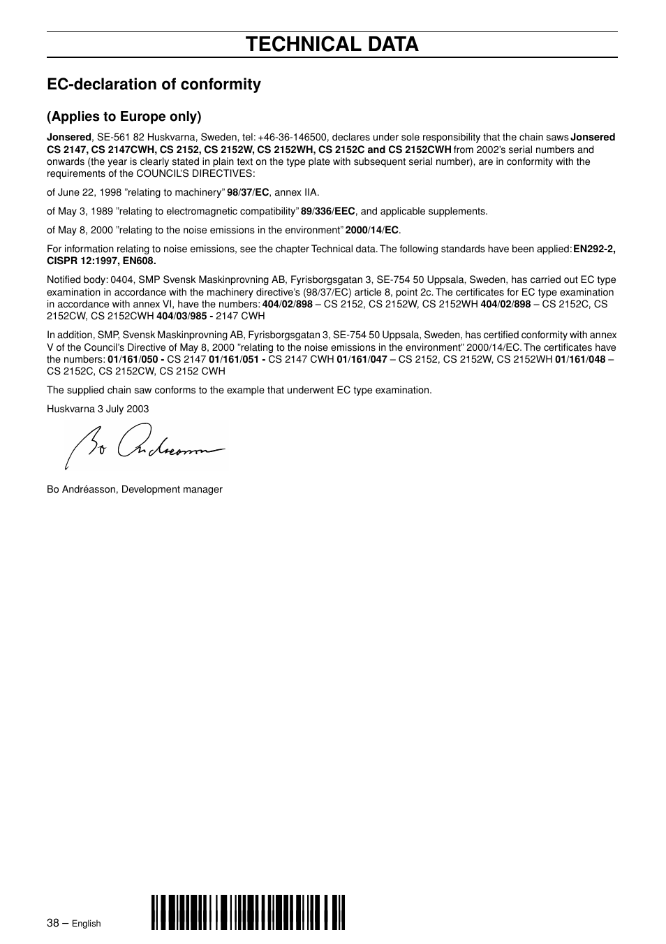 Ec-declaration of conformity, Applies to europe only), Z*xy"¶6j | Technical data | Jonsered CS 2147 User Manual | Page 38 / 40