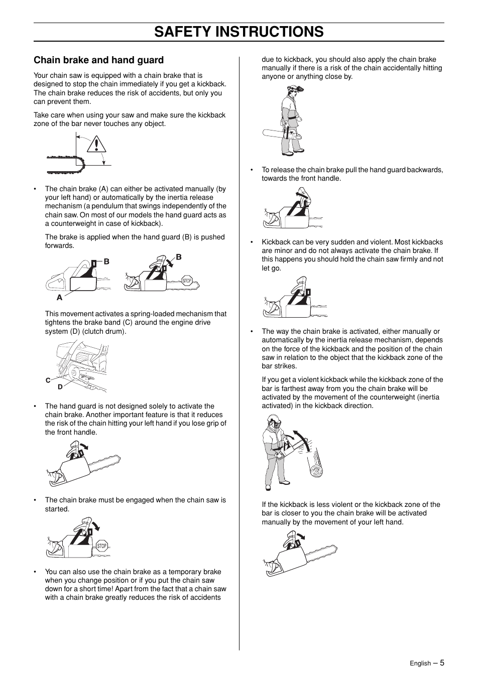 Chain brake and hand guard, Safety instructions | Jonsered CS 2147 User Manual | Page 5 / 40