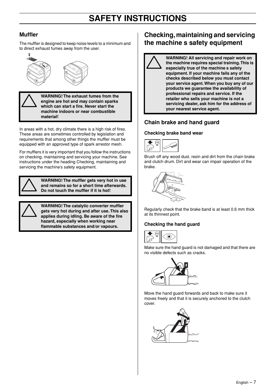 Muffler, Chain brake and hand guard, Safety instructions | Jonsered CS 2147 User Manual | Page 7 / 40
