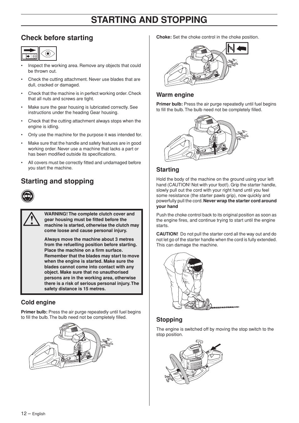 Check before starting, Starting and stopping, Cold engine | Warm engine, Starting, Stopping | Jonsered HT 2124T User Manual | Page 12 / 24