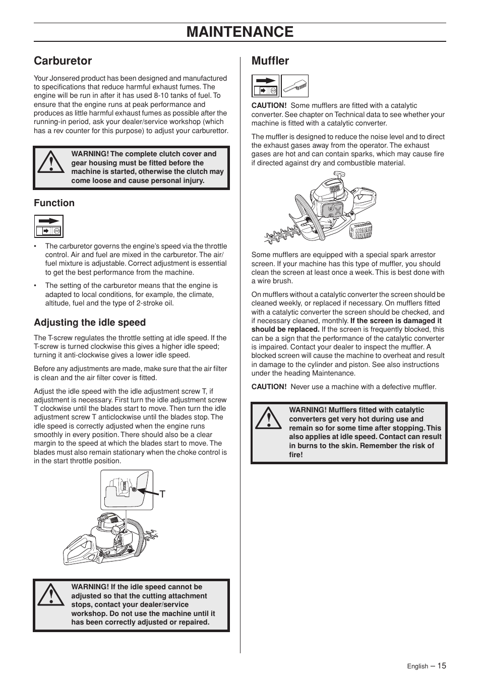 Carburetor, Function, Adjusting the idle speed | Muffler, Maintenance | Jonsered HT 2124T User Manual | Page 15 / 24