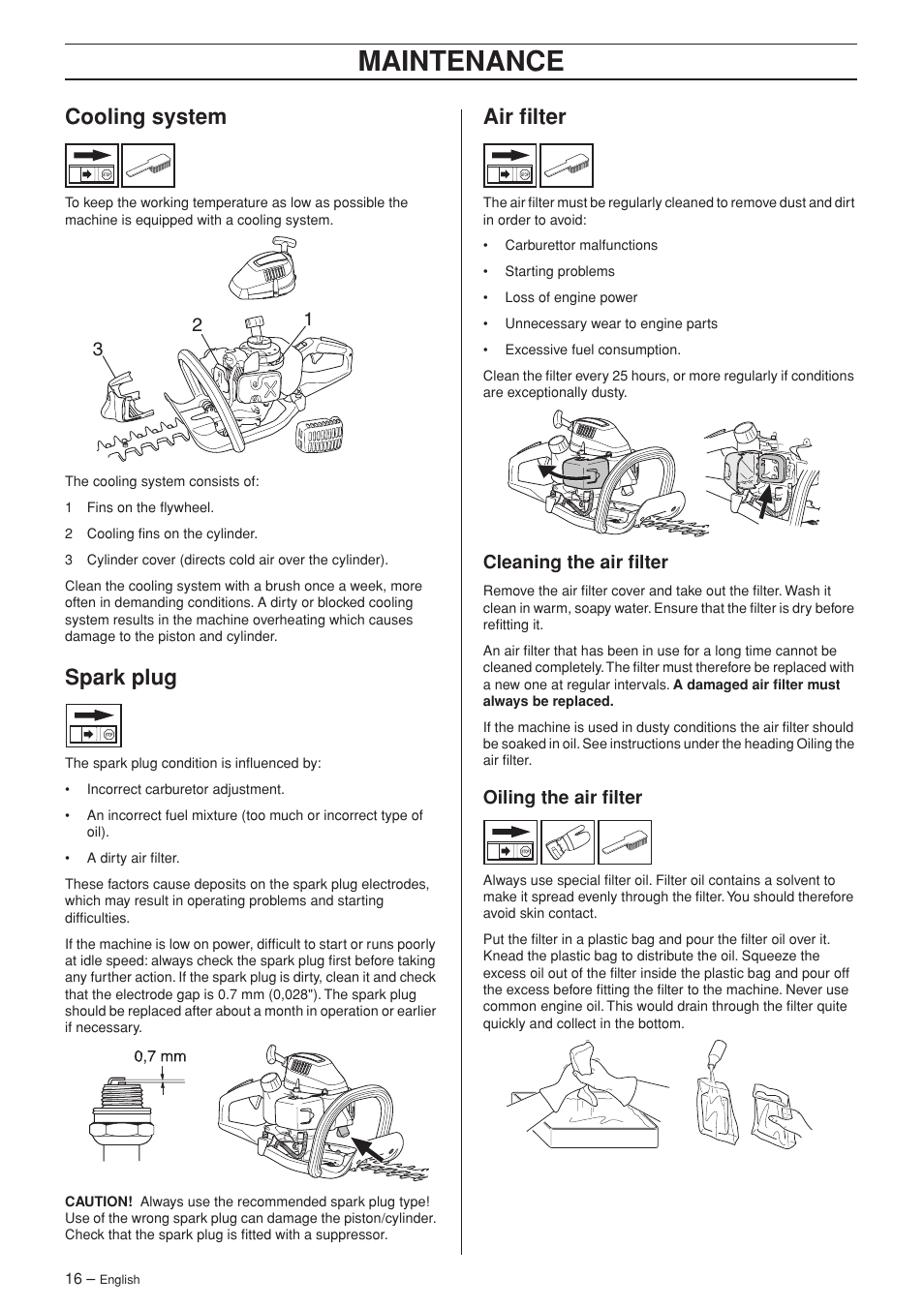 Cooling system, Spark plug, Air filter | Cleaning the air filter, Oiling the air filter, Maintenance | Jonsered HT 2124T User Manual | Page 16 / 24