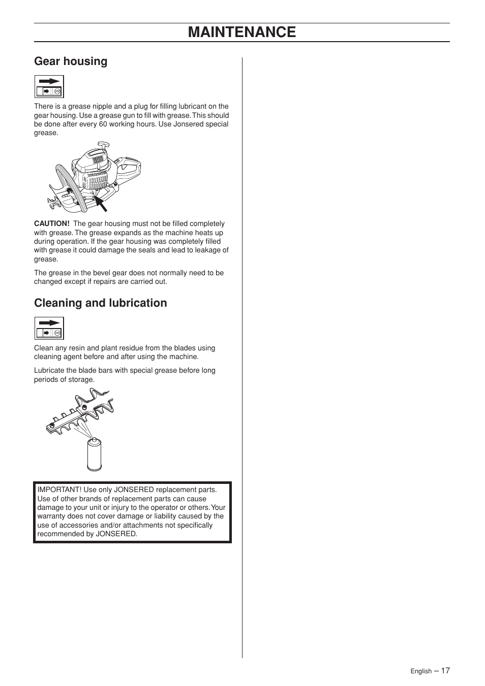 Gear housing, Cleaning and lubrication, Maintenance | Jonsered HT 2124T User Manual | Page 17 / 24