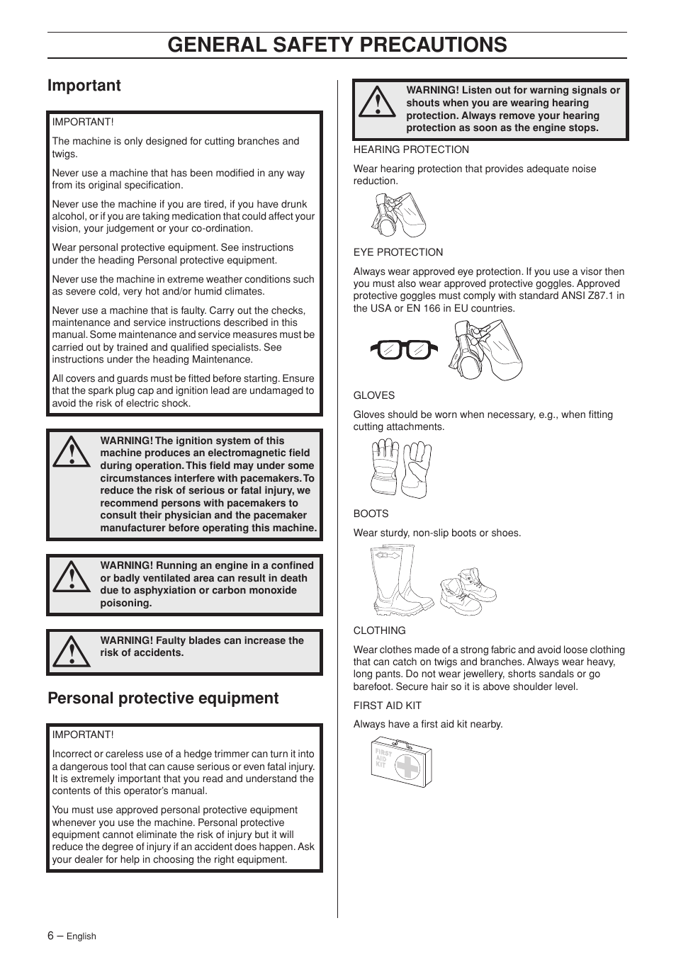 Important, Personal protective equipment, General safety preca utions | Impor tant personal protective equipment | Jonsered HT 2124T User Manual | Page 6 / 24