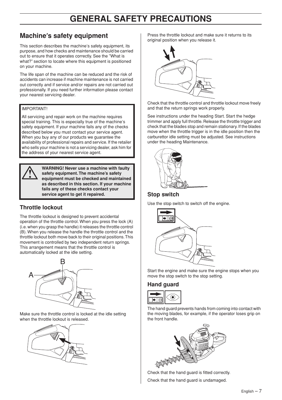 Machine¢s safety equipment, Throttle lockout, Stop switch | Hand guard, General safety preca utions, Mac hine ′′′′ s safety equipment | Jonsered HT 2124T User Manual | Page 7 / 24