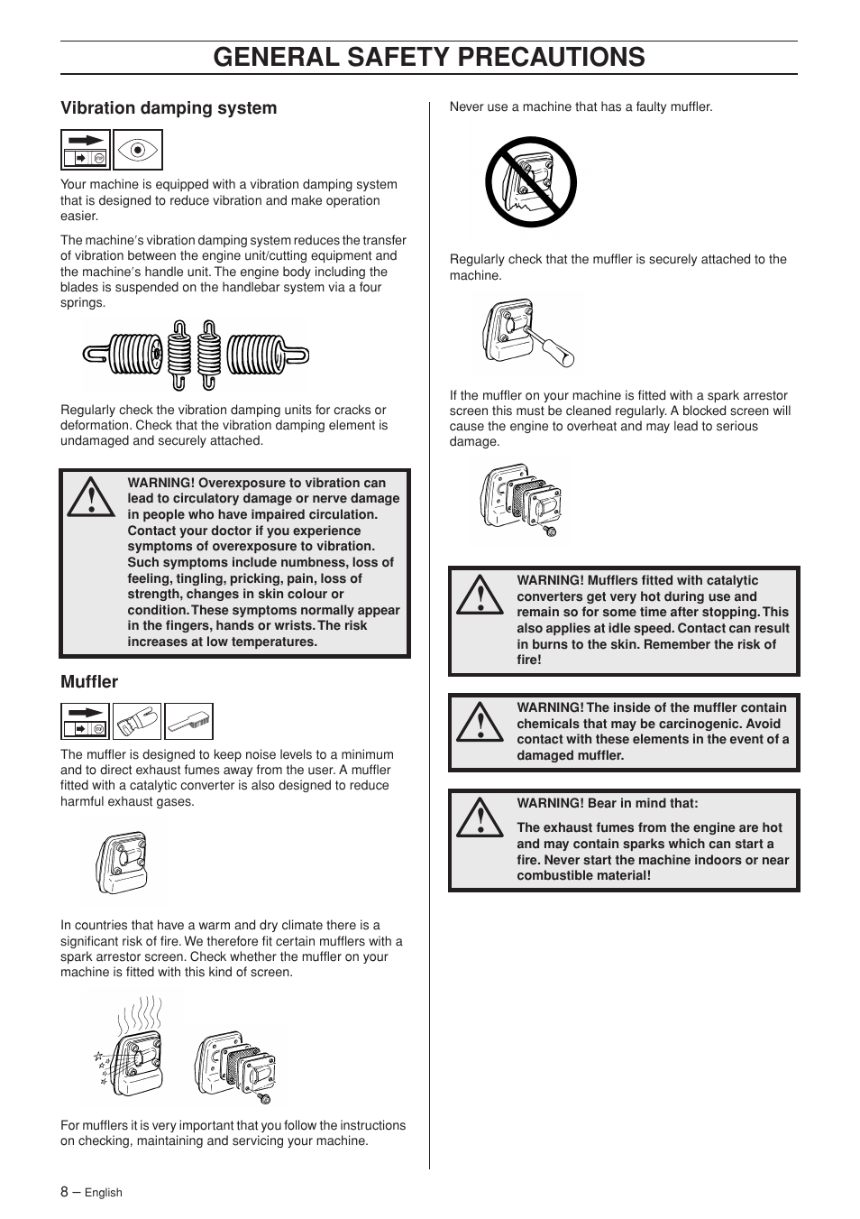 Vibration damping system, Muffler, General safety preca utions | Jonsered HT 2124T User Manual | Page 8 / 24