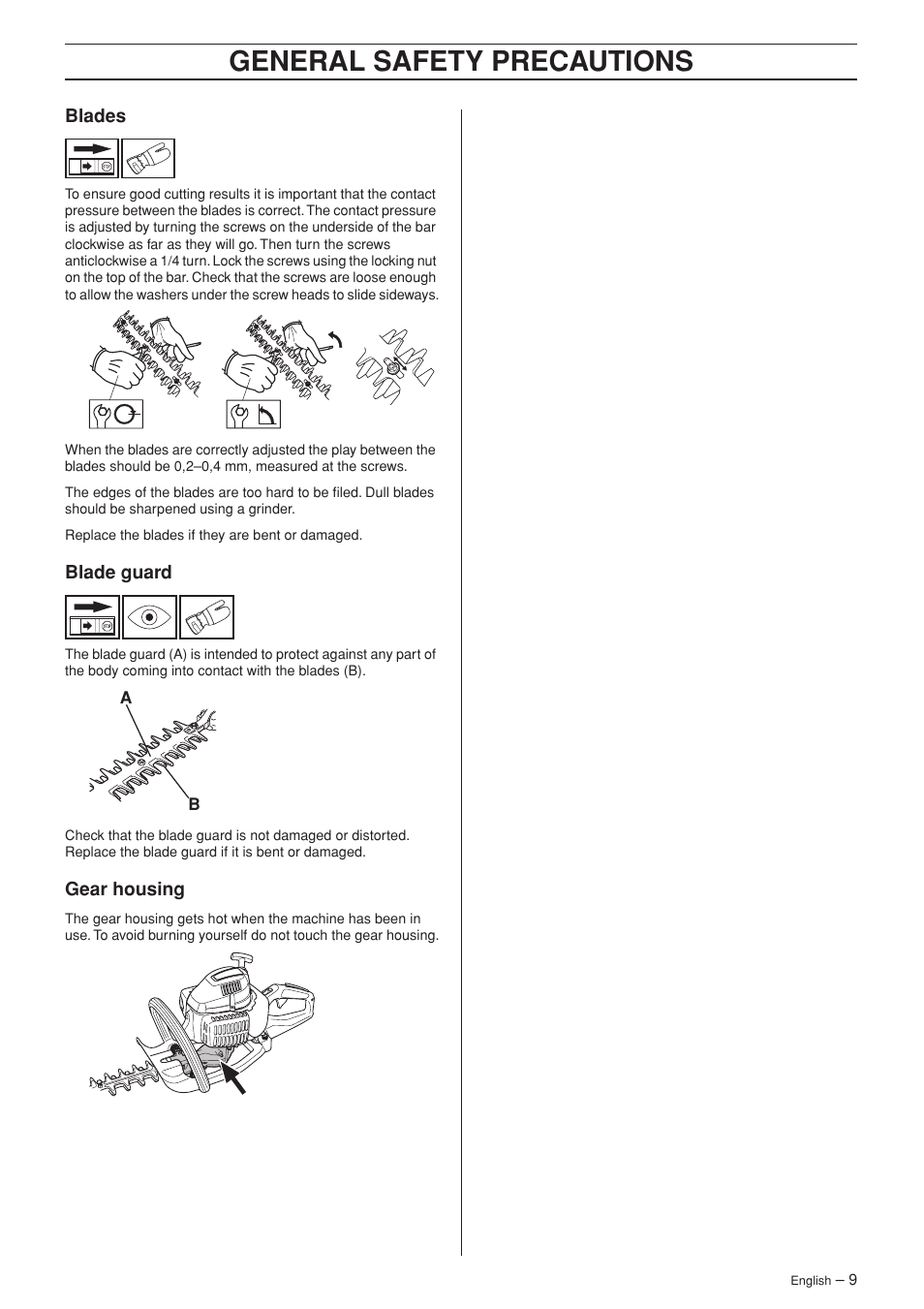 Blades, Blade guard, Gear housing | General safety precautions | Jonsered HT 2124T User Manual | Page 9 / 24