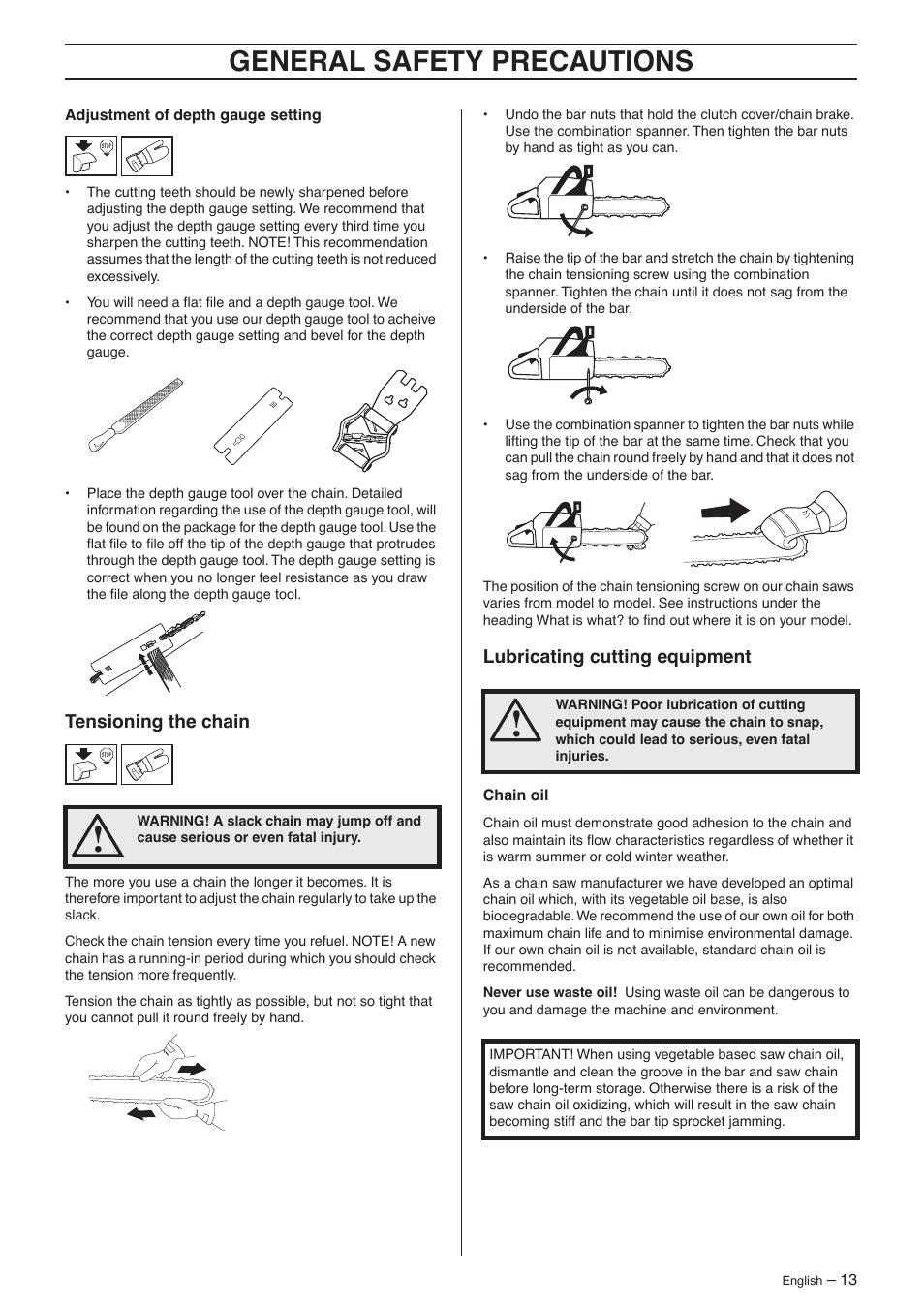 Tensioning the chain, Lubricating cutting equipment, General safety precautions | Jonsered CS 2156 User Manual | Page 13 / 40