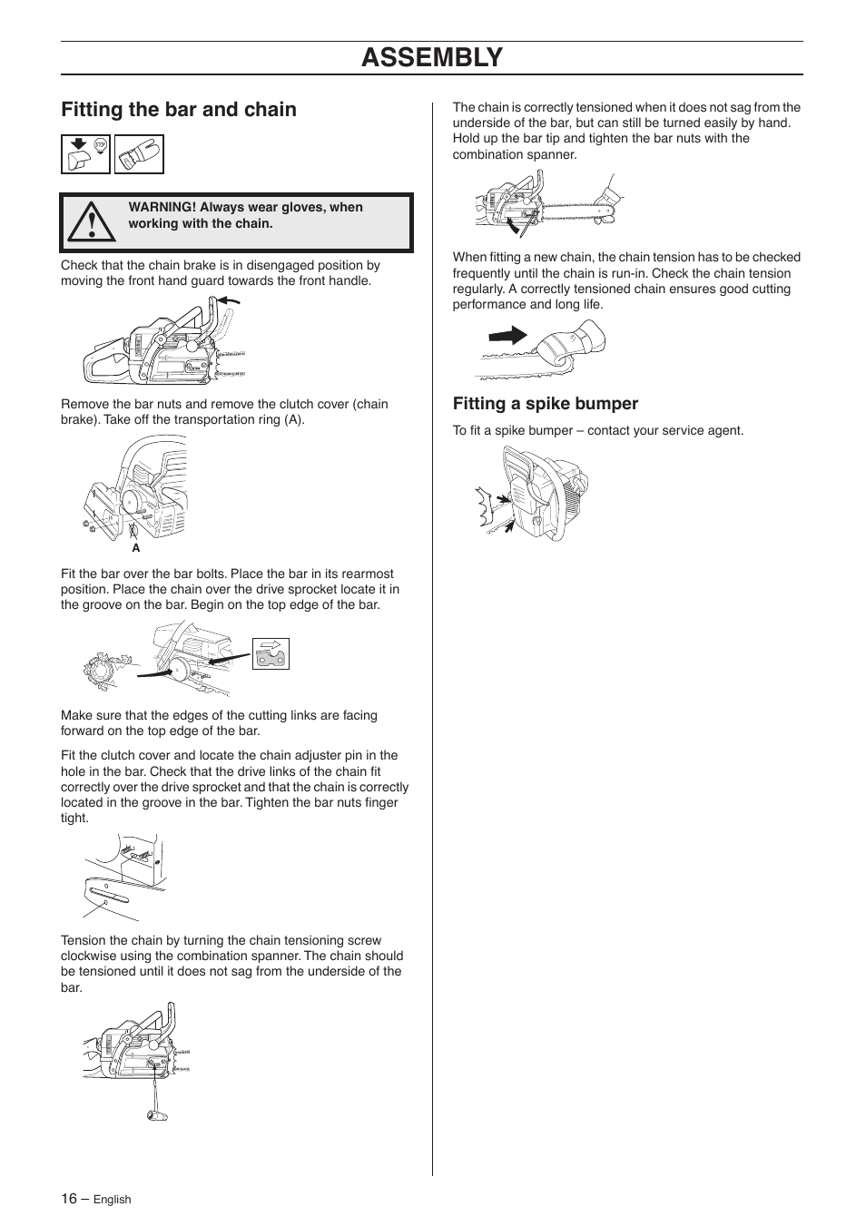 Fitting the bar and chain, Fitting a spike bumper, Assembly | Jonsered CS 2156 User Manual | Page 16 / 40