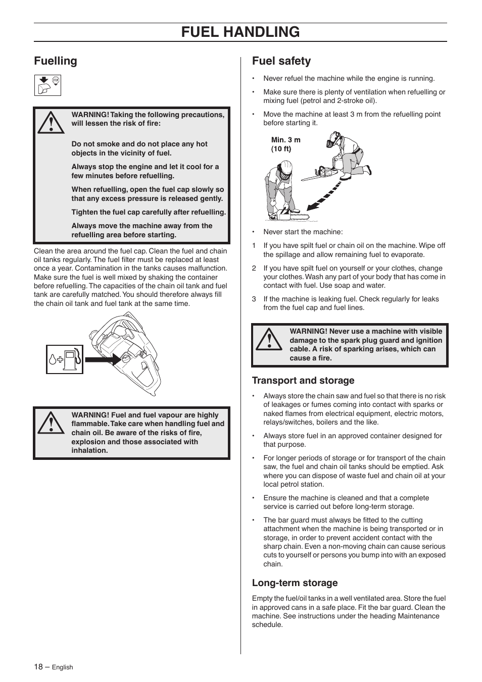 Fuelling, Fuel safety, Transport and storage | Long-term storage, Fuel handling | Jonsered CS 2156 User Manual | Page 18 / 40