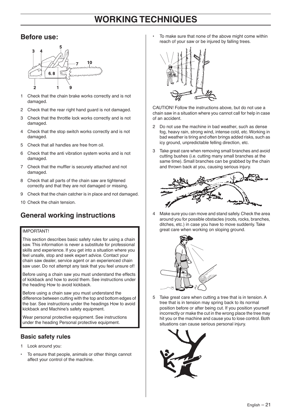 Before use, General working instructions, Basic safety rules | Working techniques | Jonsered CS 2156 User Manual | Page 21 / 40