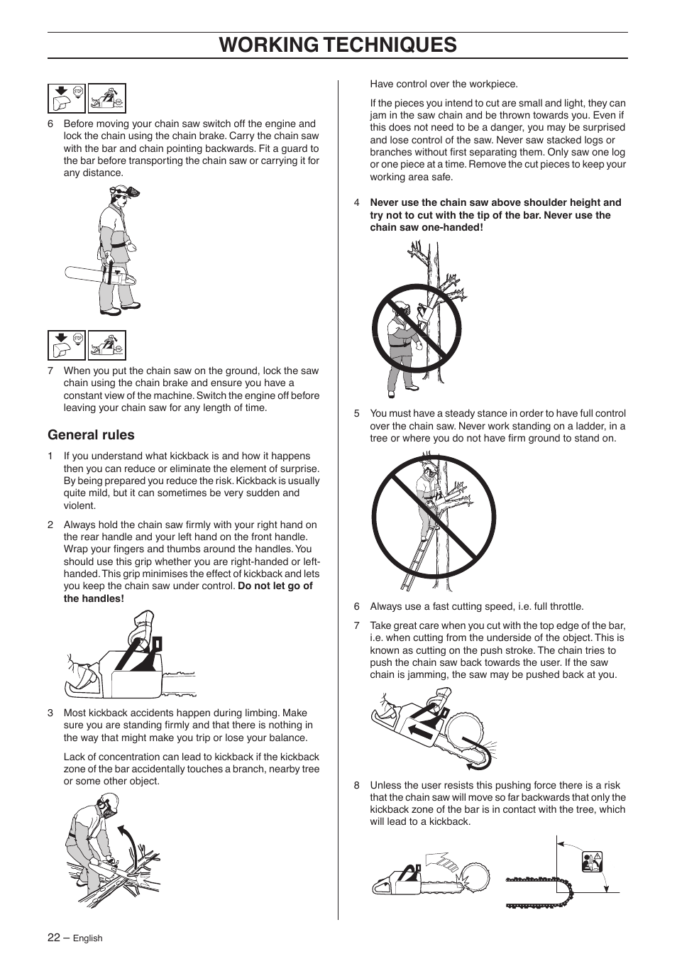General rules, Working techniques | Jonsered CS 2156 User Manual | Page 22 / 40