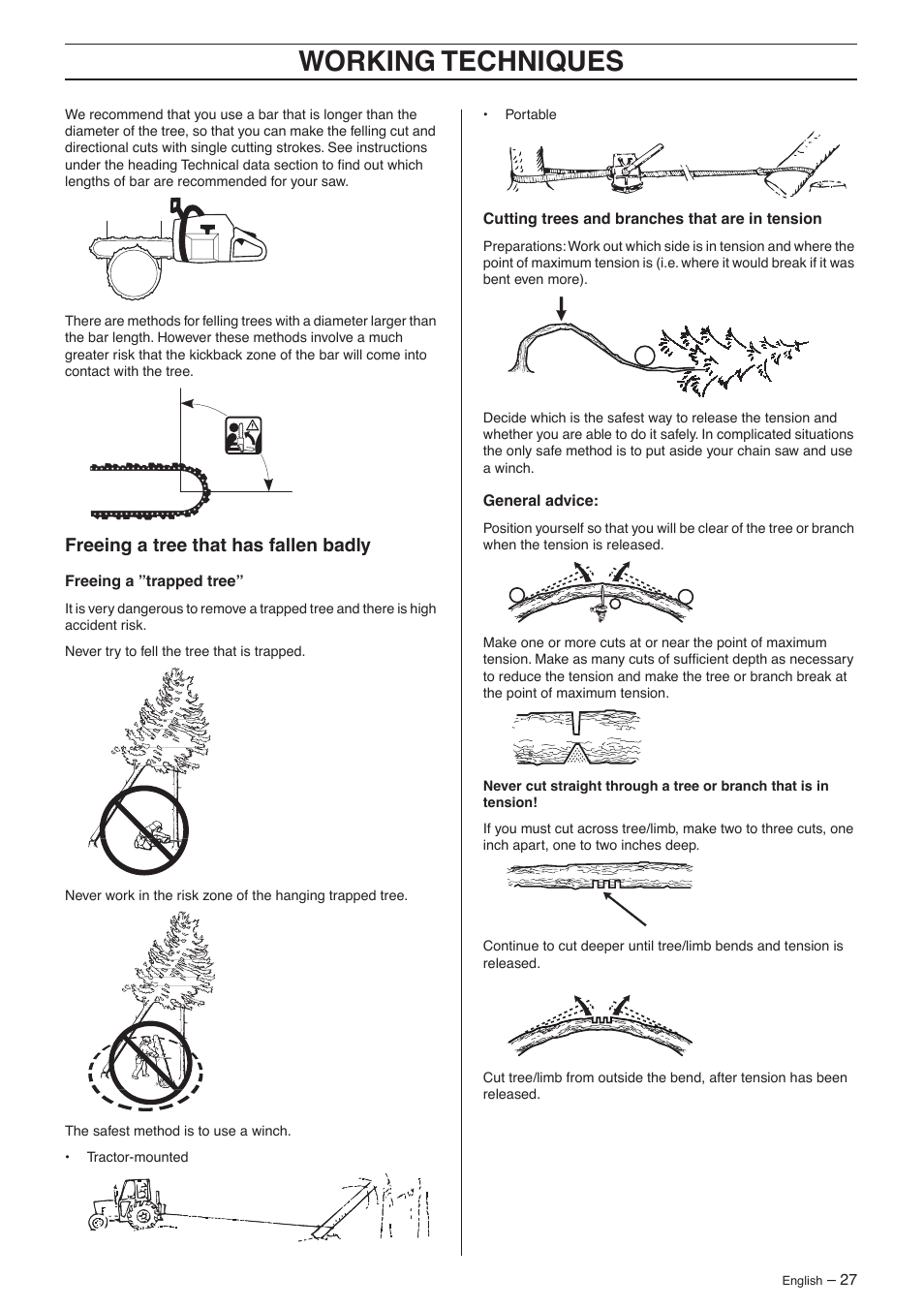 Freeing a tree that has fallen badly, Working techniques | Jonsered CS 2156 User Manual | Page 27 / 40