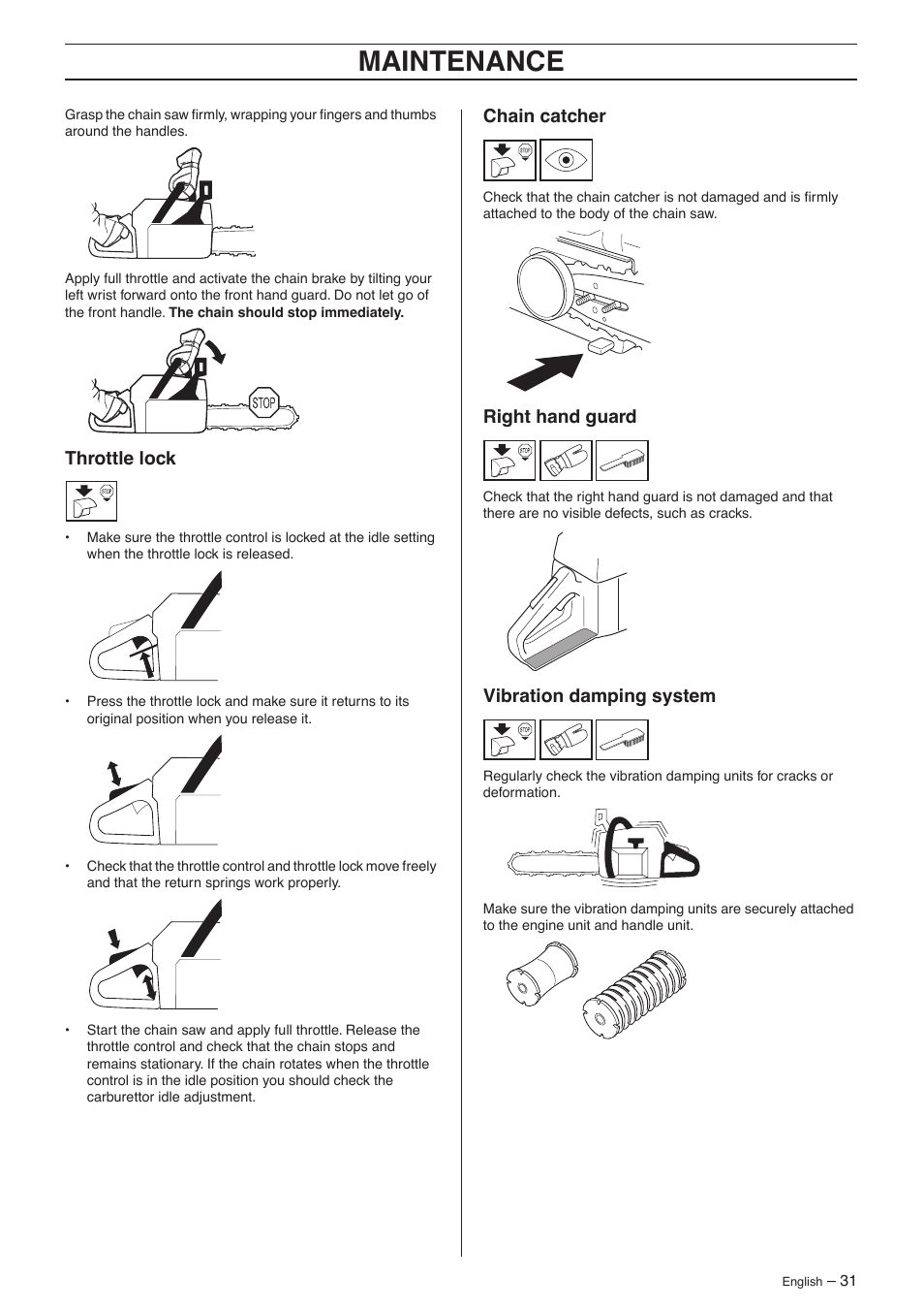 Throttle lock, Chain catcher, Right hand guard | Vibration damping system, Maintenance | Jonsered CS 2156 User Manual | Page 31 / 40