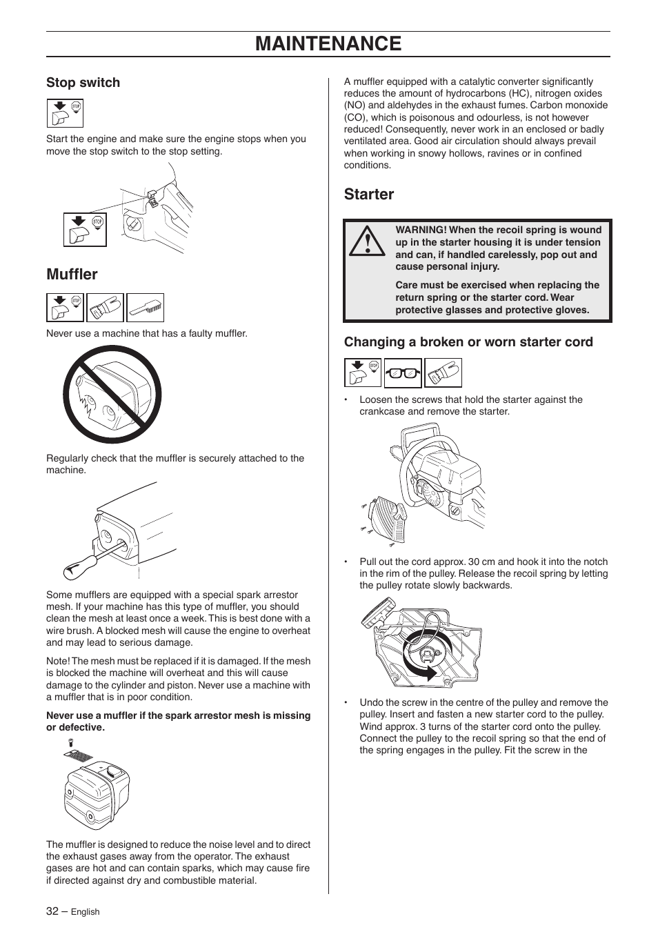Stop switch, Muffler, Starter | Changing a broken or worn starter cord, Maintenance | Jonsered CS 2156 User Manual | Page 32 / 40