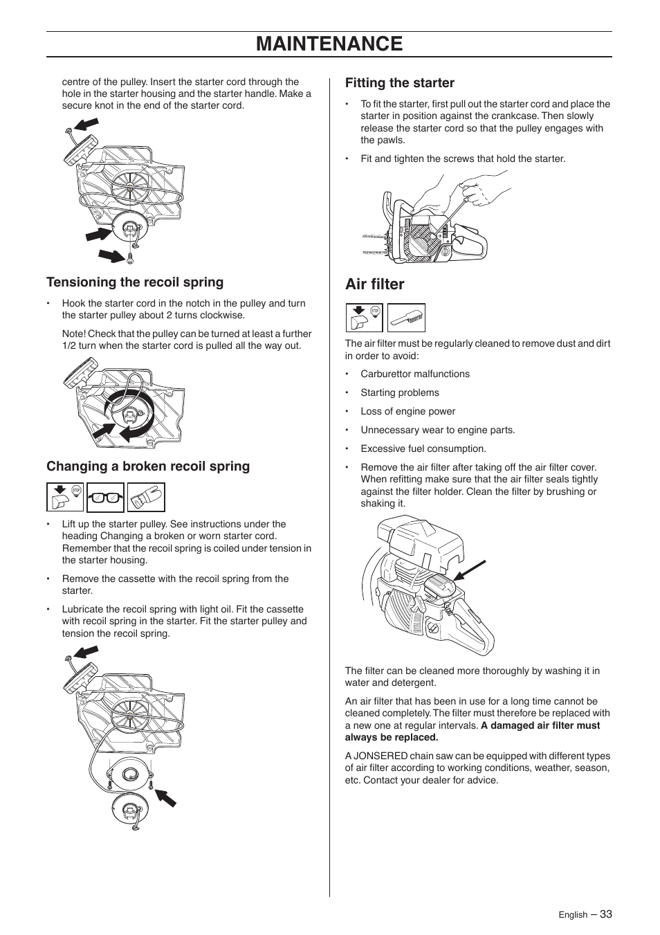 Tensioning the recoil spring, Changing a broken recoil spring, Fitting the starter | Air filter, Maintenance | Jonsered CS 2156 User Manual | Page 33 / 40