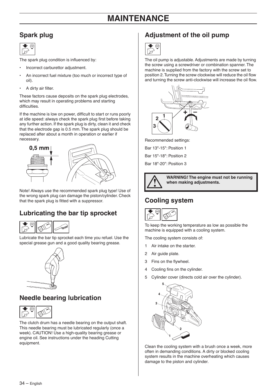 Spark plug, Lubricating the bar tip sprocket, Needle bearing lubrication | Adjustment of the oil pump, Cooling system, Maintenance | Jonsered CS 2156 User Manual | Page 34 / 40