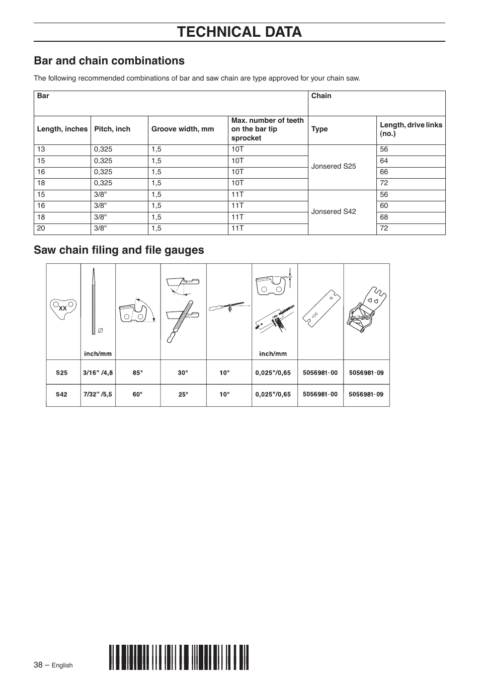 Bar and chain combinations, Saw chain filing and file gauges, Z+r$^¶6b | Technical data | Jonsered CS 2156 User Manual | Page 38 / 40