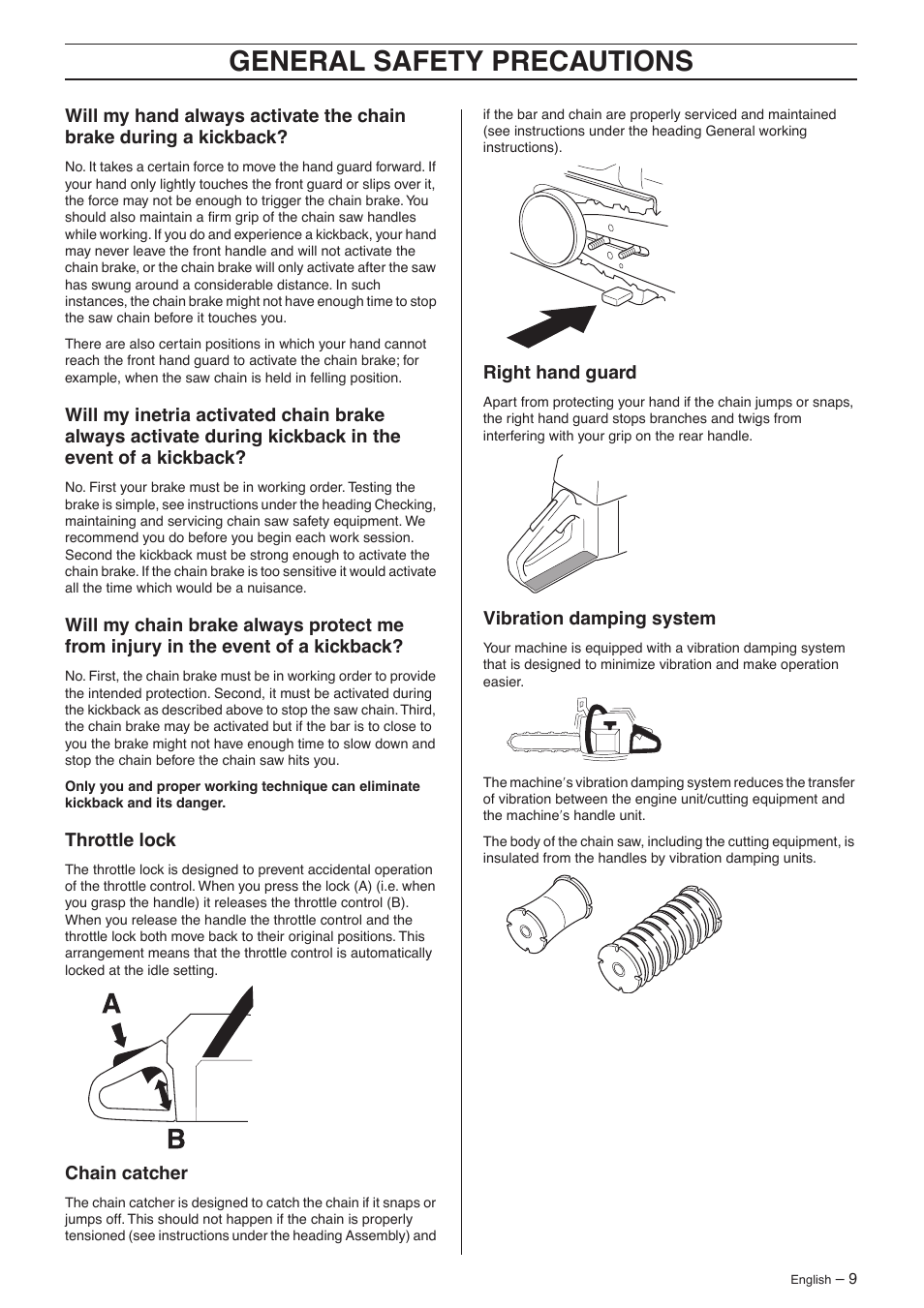 Throttle lock, Chain catcher, Right hand guard | Vibration damping system, General safety preca utions | Jonsered CS 2156 User Manual | Page 9 / 40