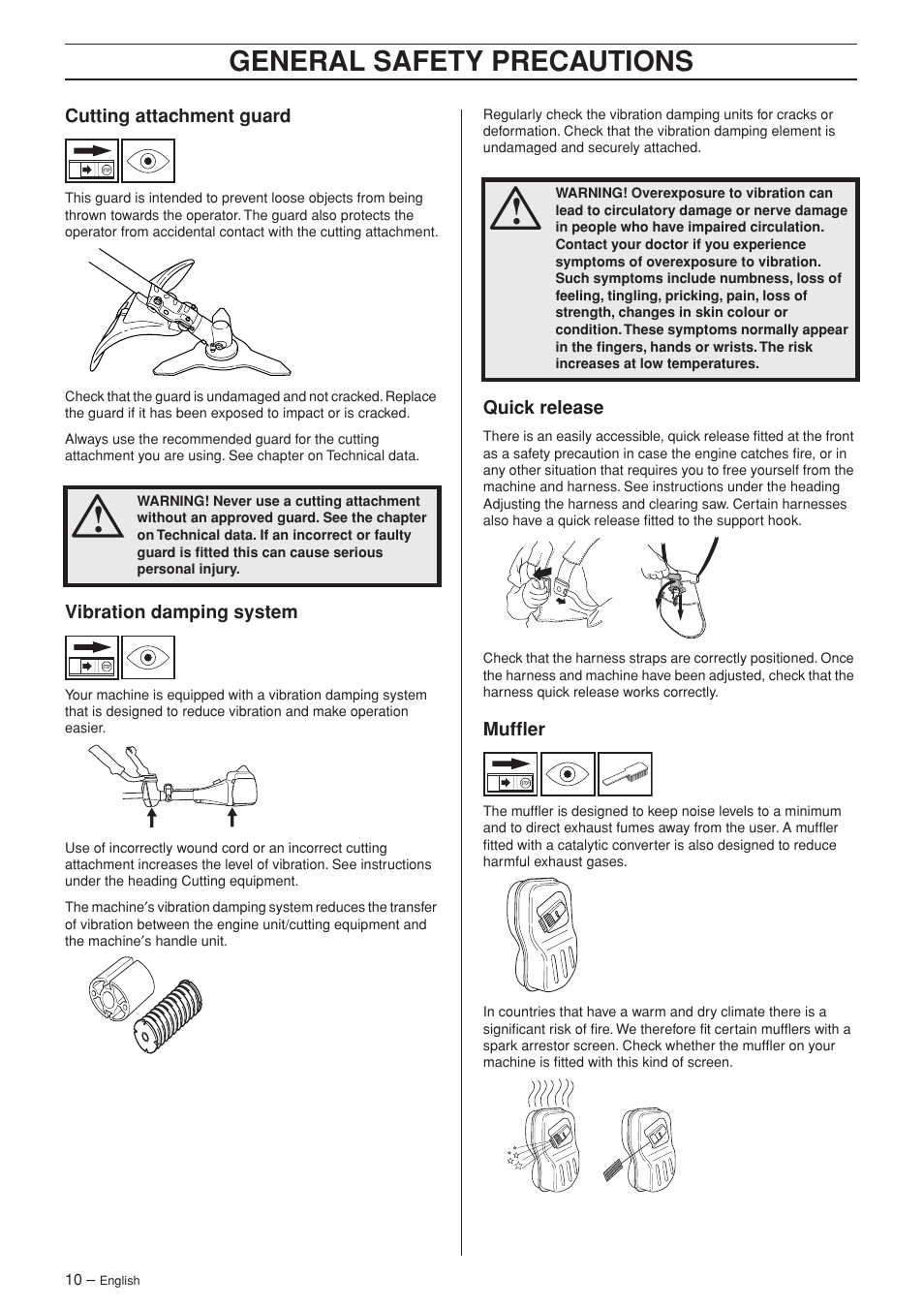 Cutting attachment guard, Vibration damping system, Quick release | Muffler, General safety precautions | Jonsered FC 2145S User Manual | Page 10 / 44