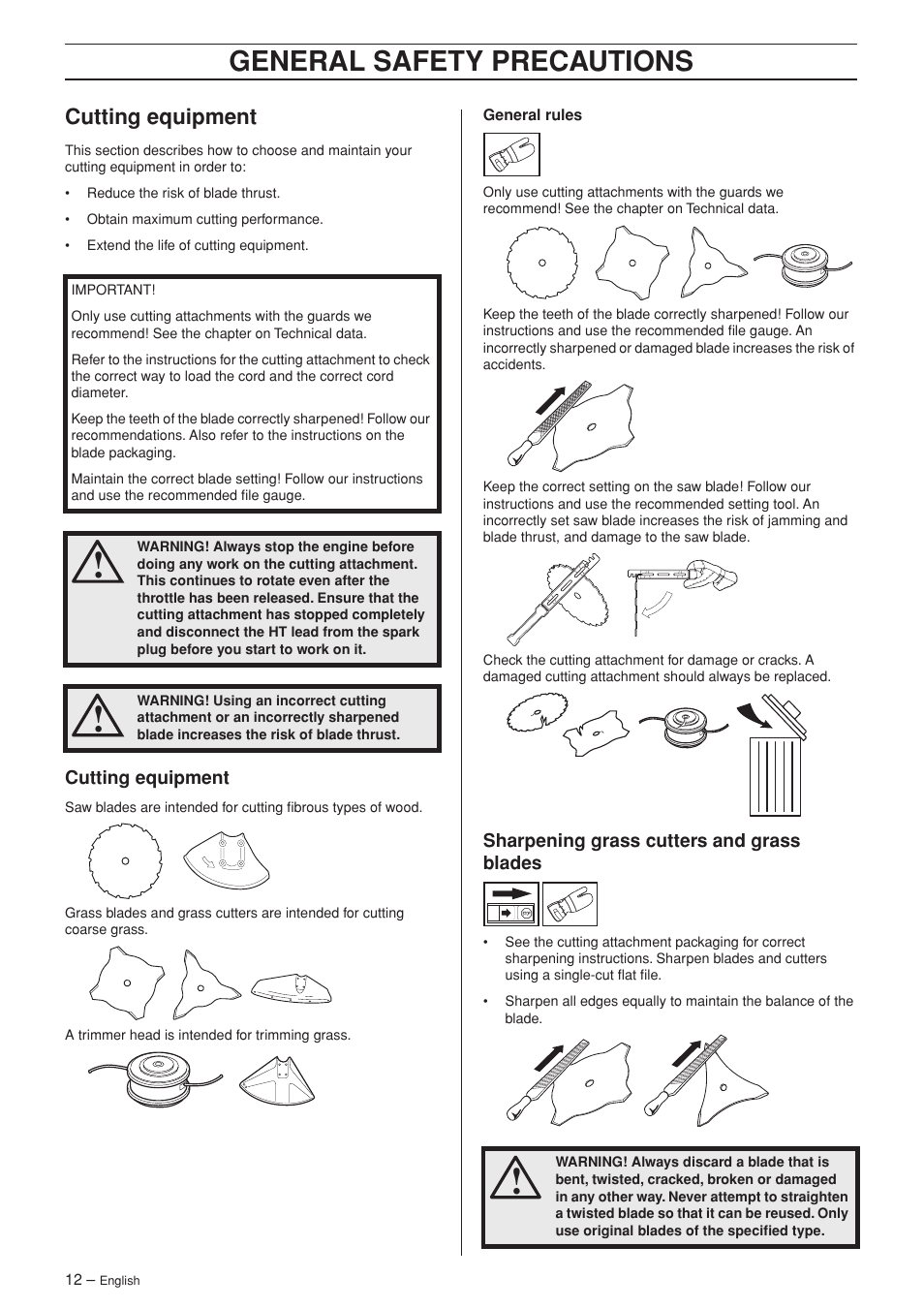 Cutting equipment, Sharpening grass cutters and grass blades, General safety precautions | Jonsered FC 2145S User Manual | Page 12 / 44