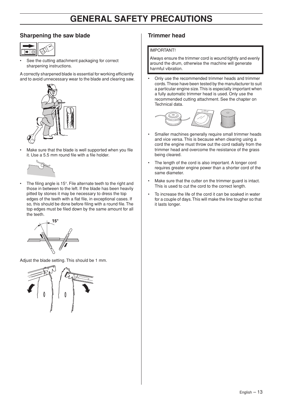 Sharpening the saw blade, Trimmer head, General safety precautions | Jonsered FC 2145S User Manual | Page 13 / 44