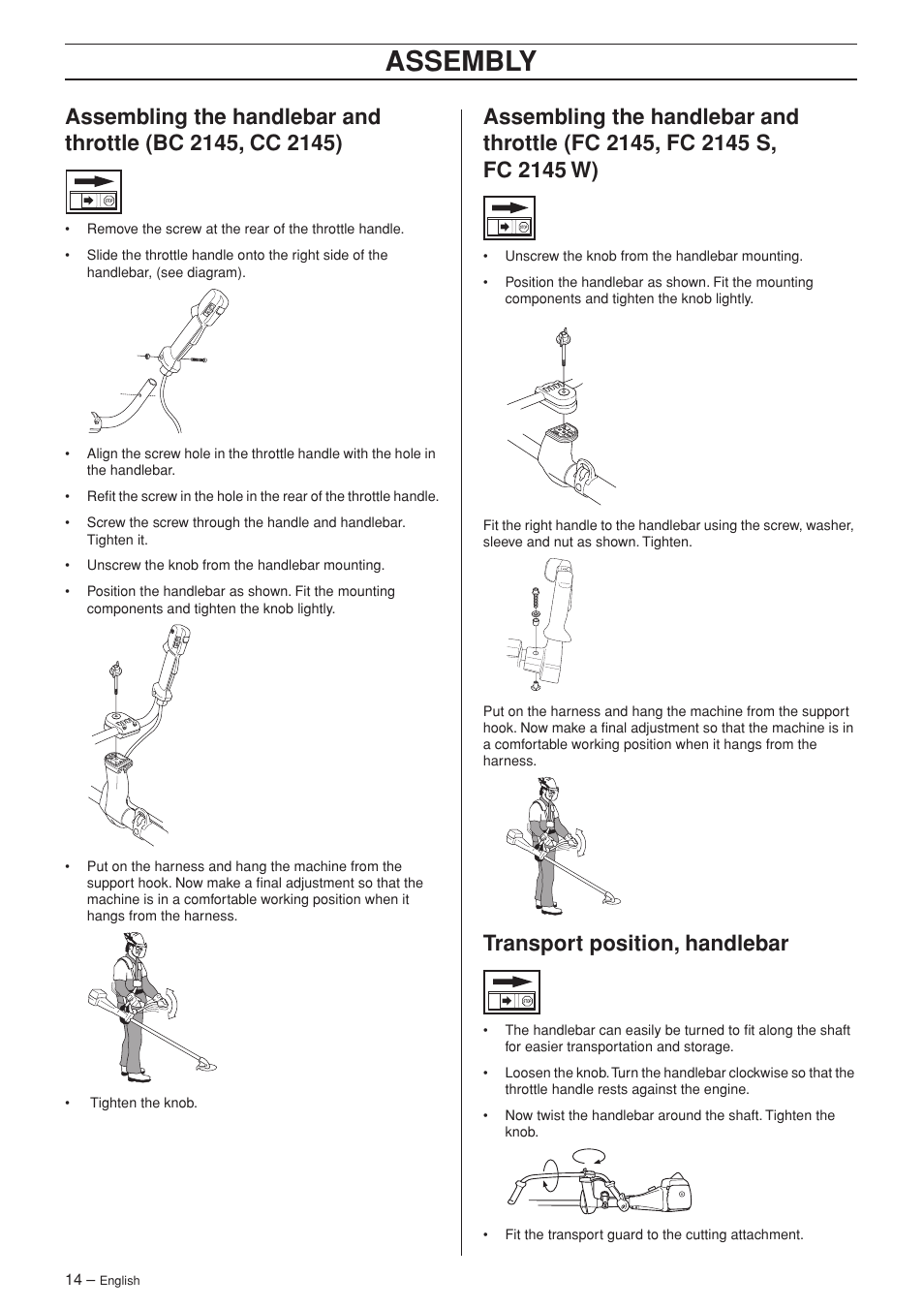 Transport position, handlebar, Assembly | Jonsered FC 2145S User Manual | Page 14 / 44